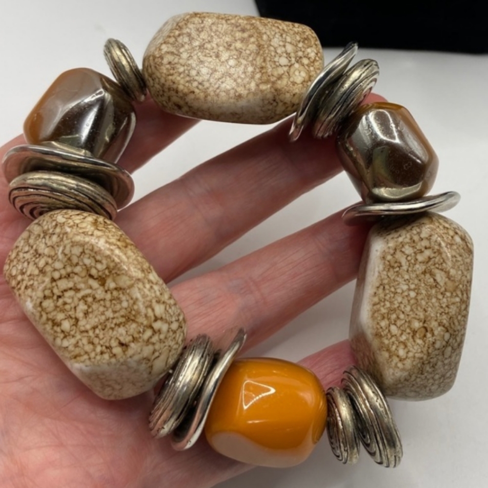 3X! PAPARAZZI Large black, blue & peach silver beaded slip on stretch bracelets - Picture 6 of 13